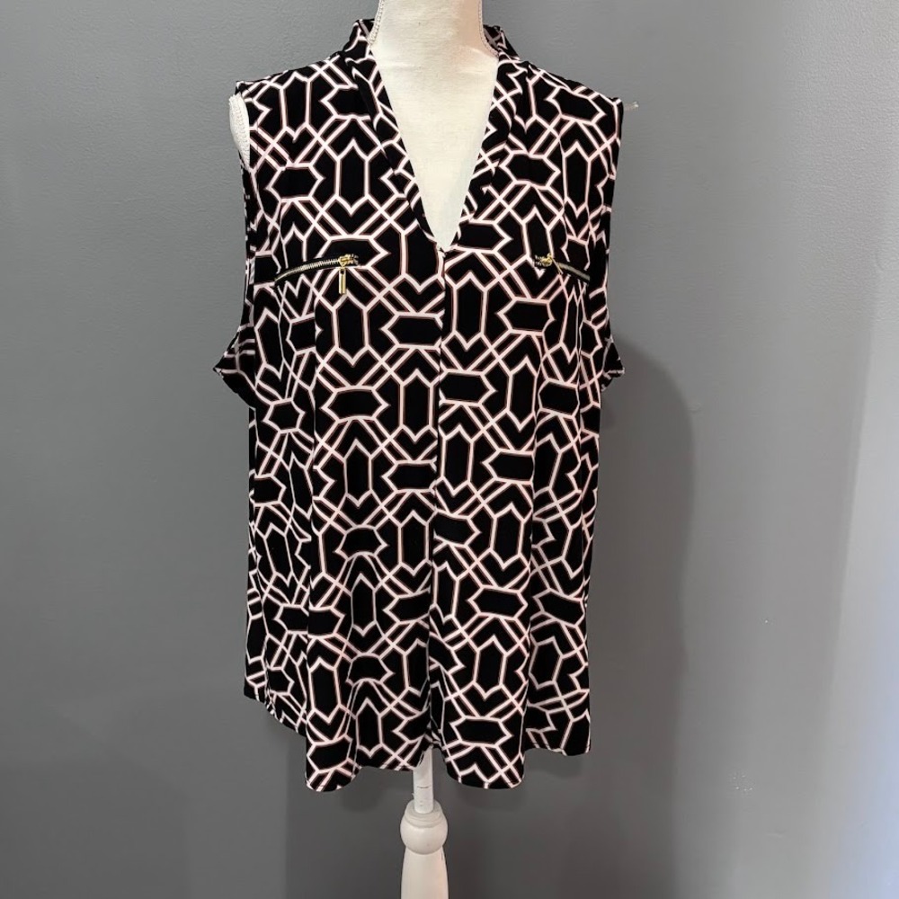 INC International Concepts Woman Sleeveless Geometric V-Neck Blouse Black Tan 2X